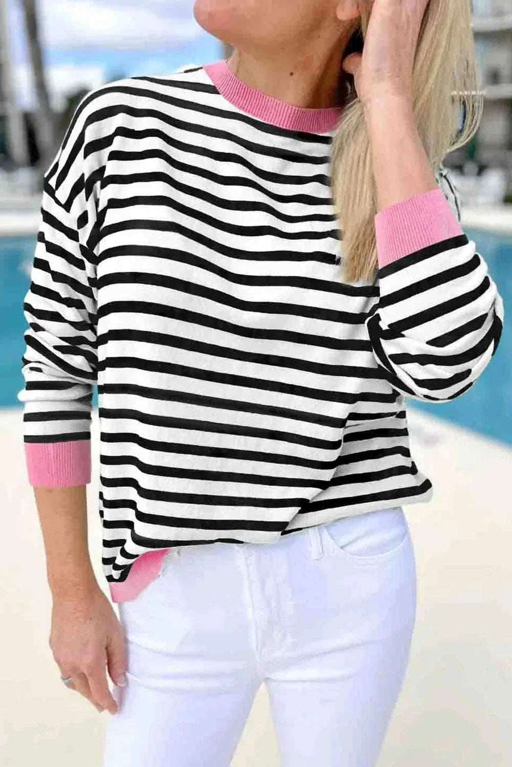 Striped Round Neck Long Sleeve Sweatshirt - Trendsi - Flyclothing LLC
