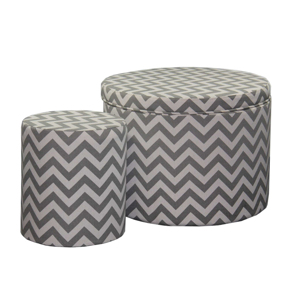 Set of Two Gray and White Polyester Blend Round Geometric Footstool Ottoman - Homeroots - Flyclothing LLC
