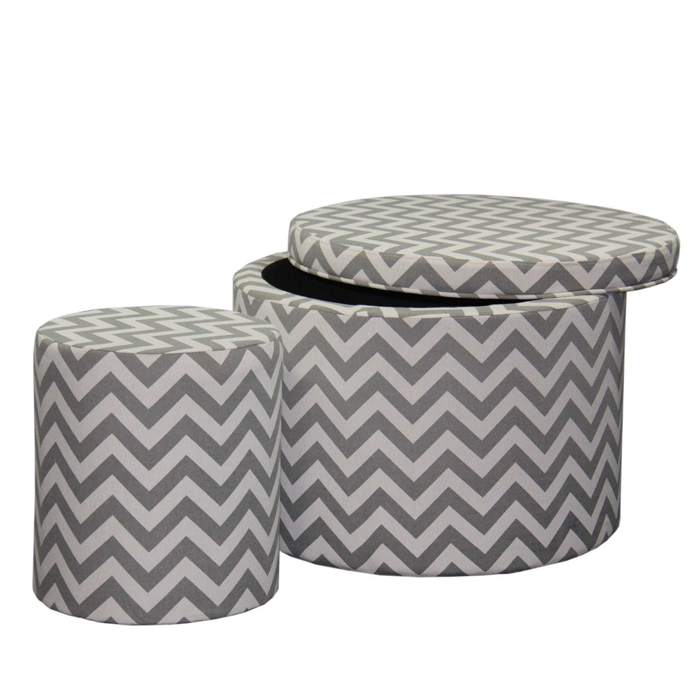 Set of Two Gray and White Polyester Blend Round Geometric Footstool Ottoman - Homeroots - Flyclothing LLC