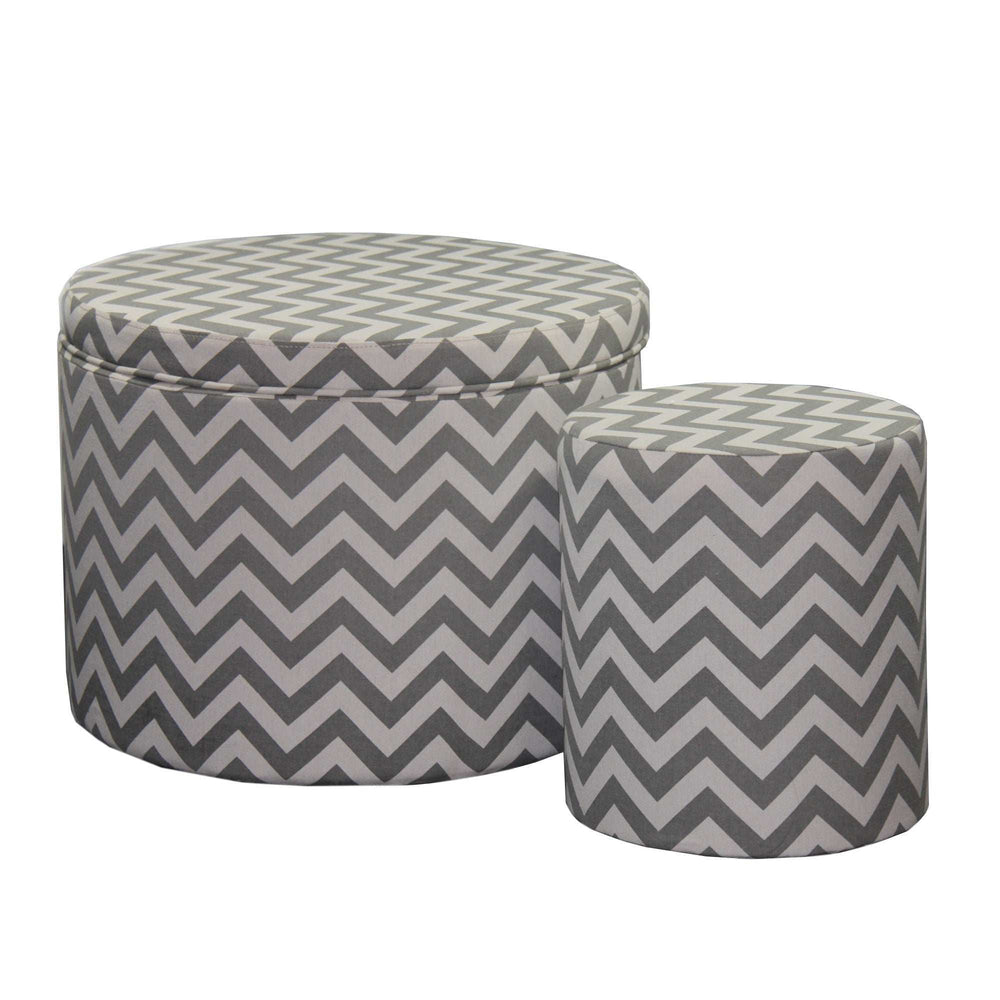 Set of Two Gray and White Polyester Blend Round Geometric Footstool Ottoman - Homeroots - Flyclothing LLC