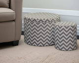 Set of Two Gray and White Polyester Blend Round Geometric Footstool Ottoman - Homeroots - Flyclothing LLC
