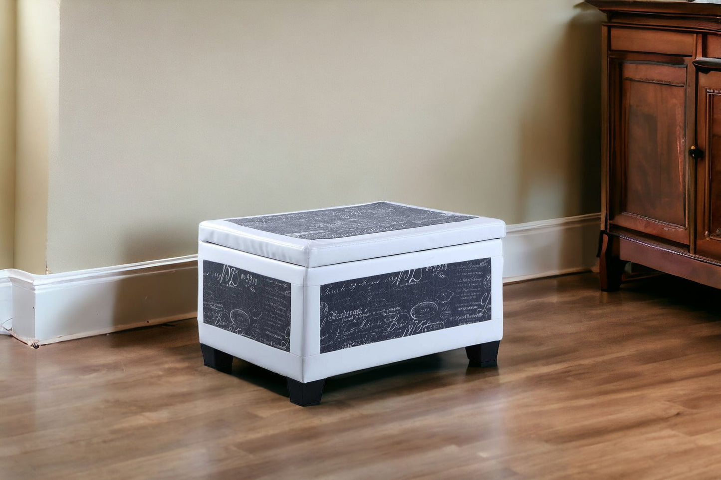 24" White and Black Upholstered Faux Leather Bench with Flip top - Homeroots - Flyclothing LLC