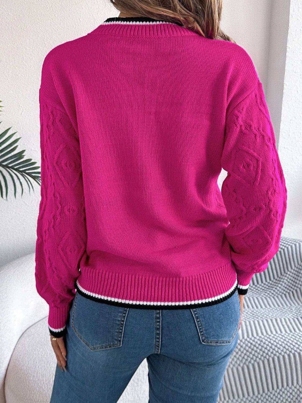 Contrast Trim Round Neck Long Sleeve Sweater - Trendsi - Flyclothing LLC