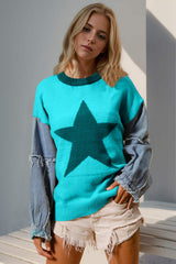 Double Take Full Size Star Pattern Raw Edge Long Sleeve Sweater - Trendsi - Flyclothing LLC
