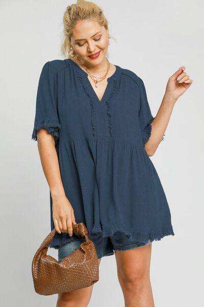 Umgee Full Size Raw Hem Notched Babydoll Linen Blouse Plus Size - Trendsi - Flyclothing LLC
