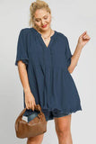 Umgee Full Size Raw Hem Notched Babydoll Linen Blouse Plus Size - Trendsi