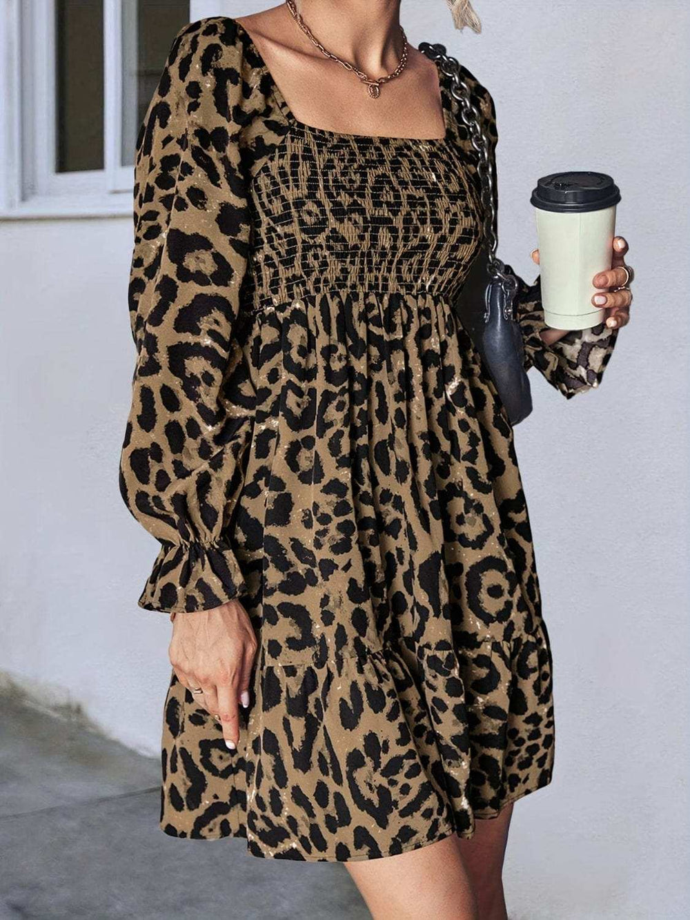 Leopard Smocked Flounce Sleeve Mini Dress - Trendsi - Flyclothing LLC