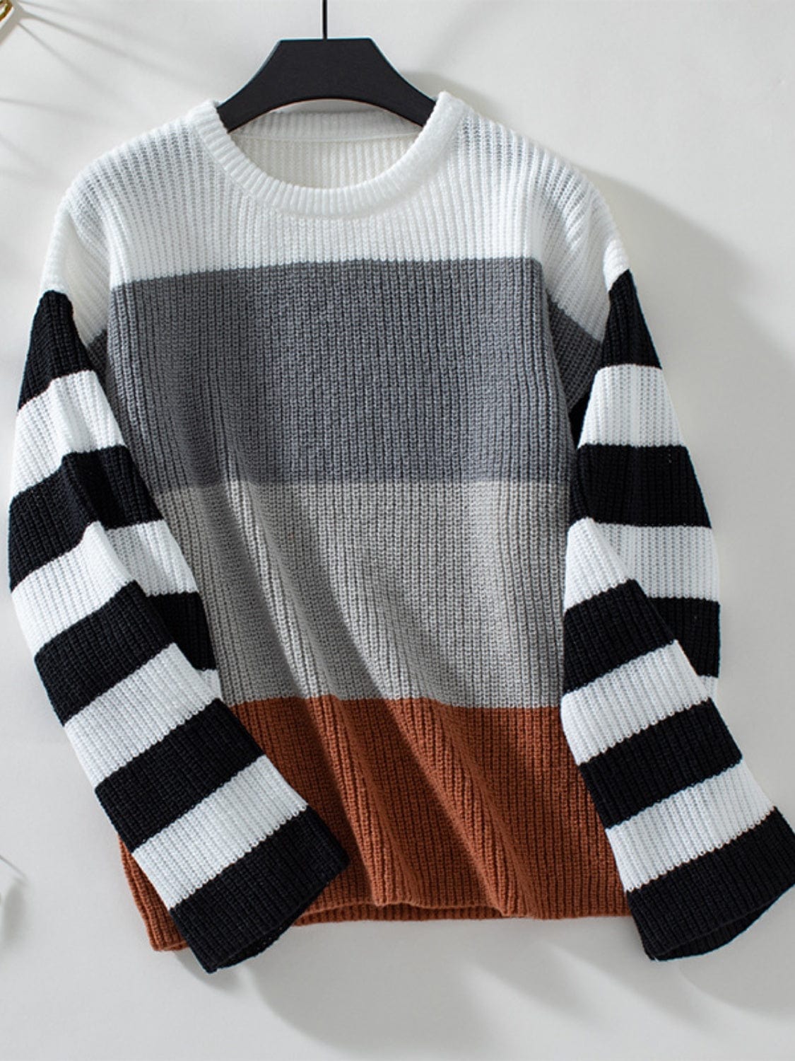 Color Block Round Neck Long Sleeve Sweater - Trendsi