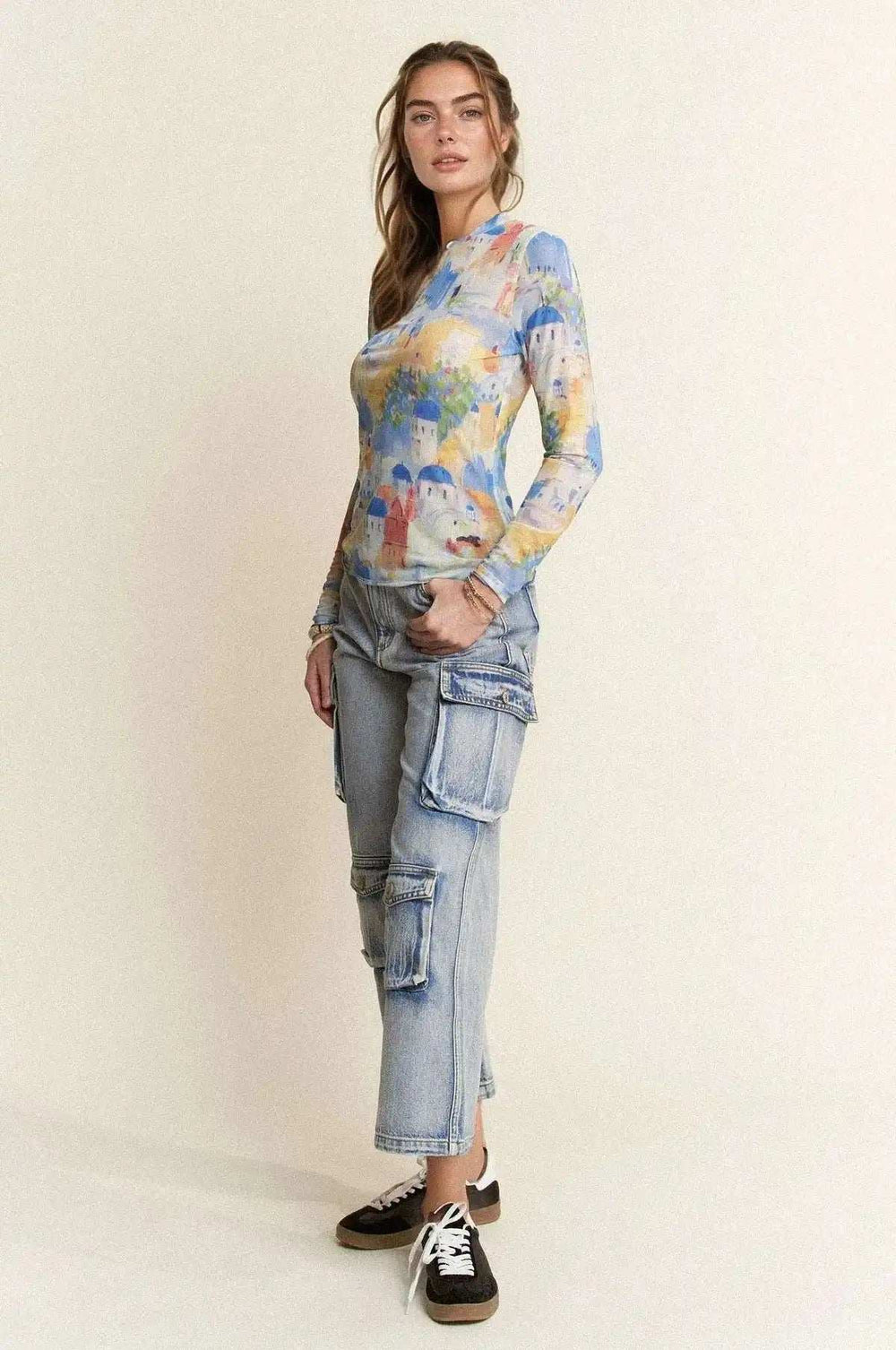 Davi & Dani Multi Printed Mesh Round Neck Long Sleeve Top - Trendsi - Flyclothing LLC