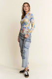 Davi & Dani Multi Printed Mesh Round Neck Long Sleeve Top - Trendsi