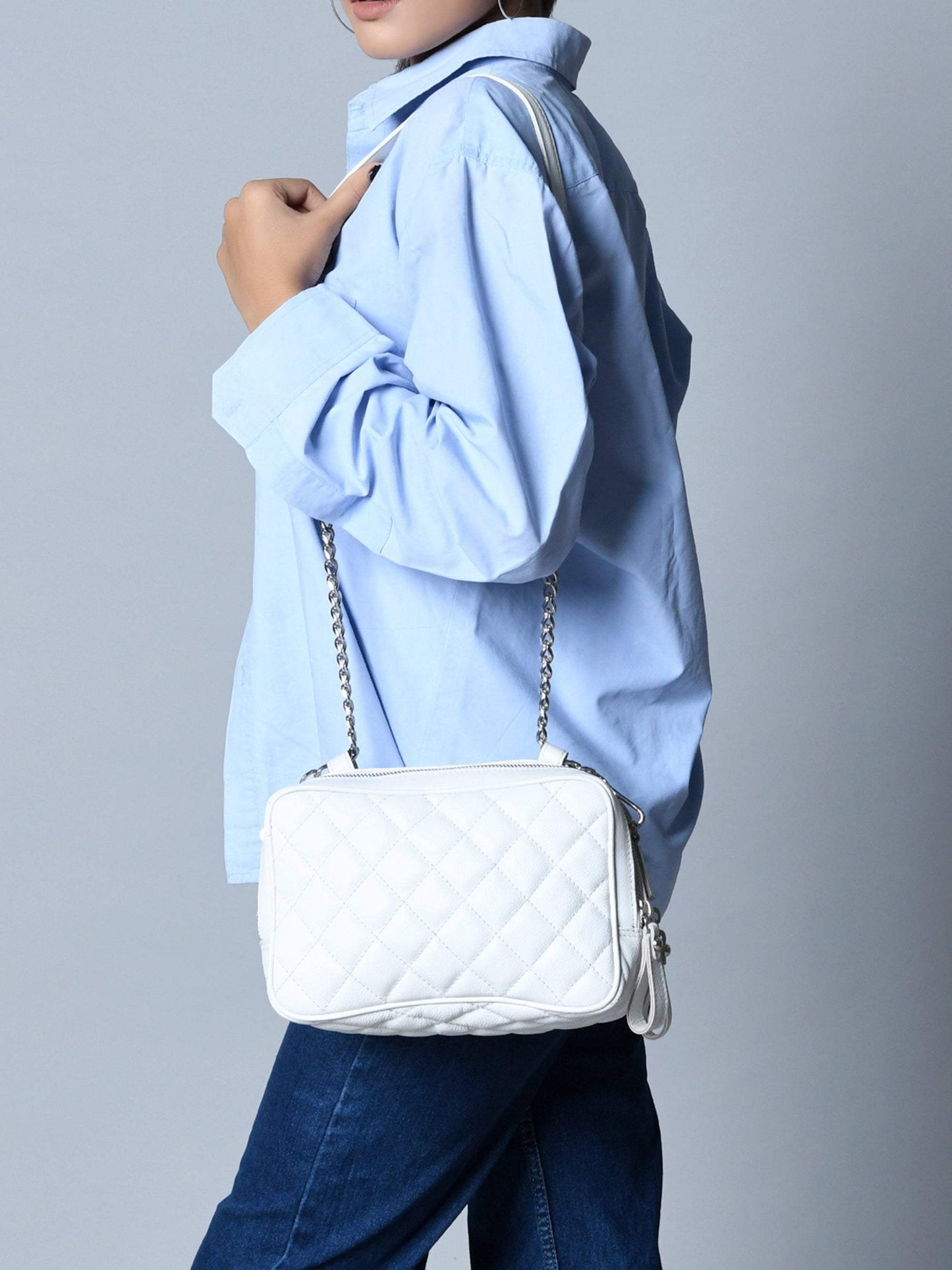 Mini Quilted Crossbody Bag, White - Classy Leather Bags - Flyclothing LLC