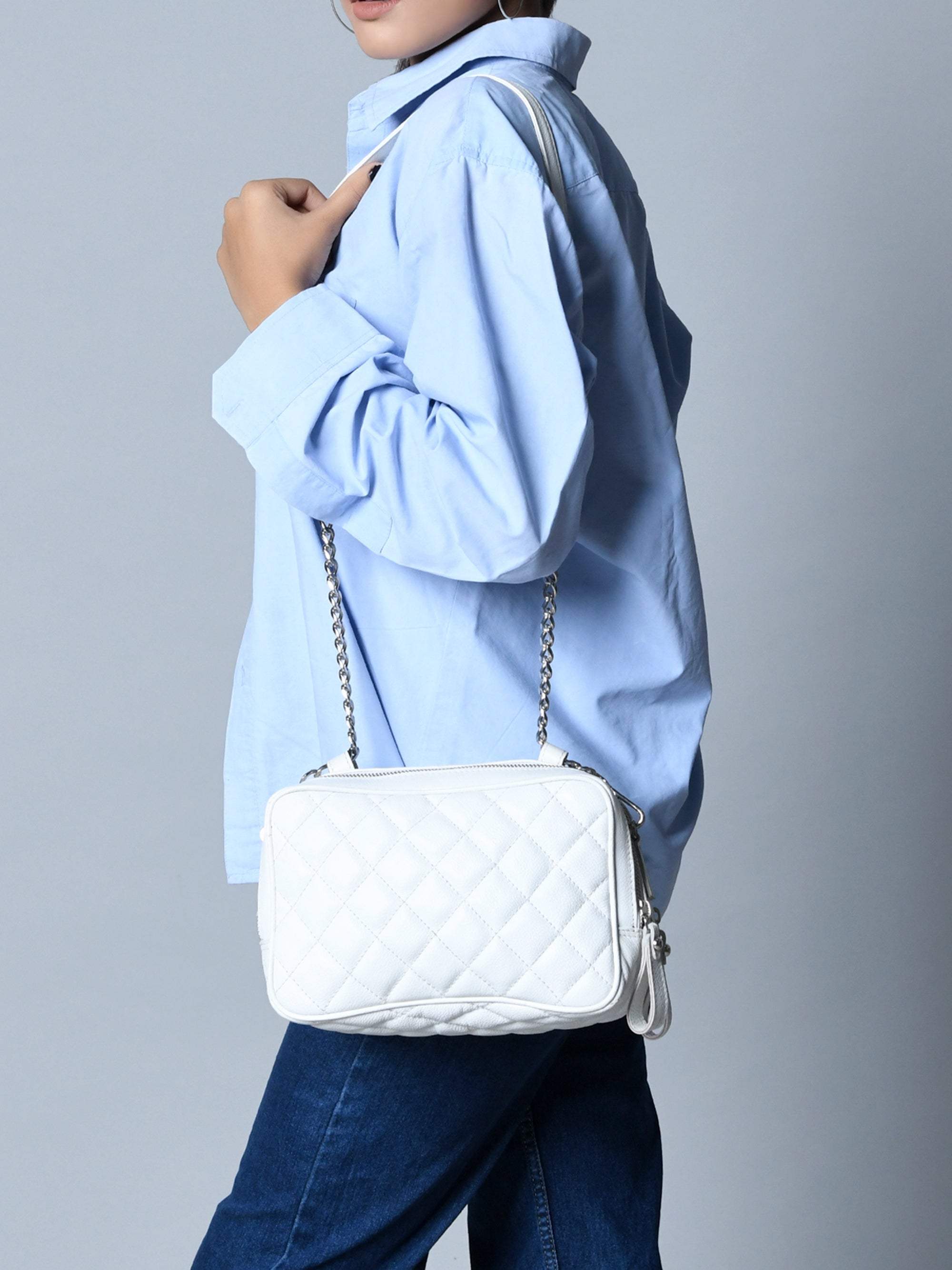 Mini Quilted Crossbody Bag, White - Classy Leather Bags - Flyclothing LLC