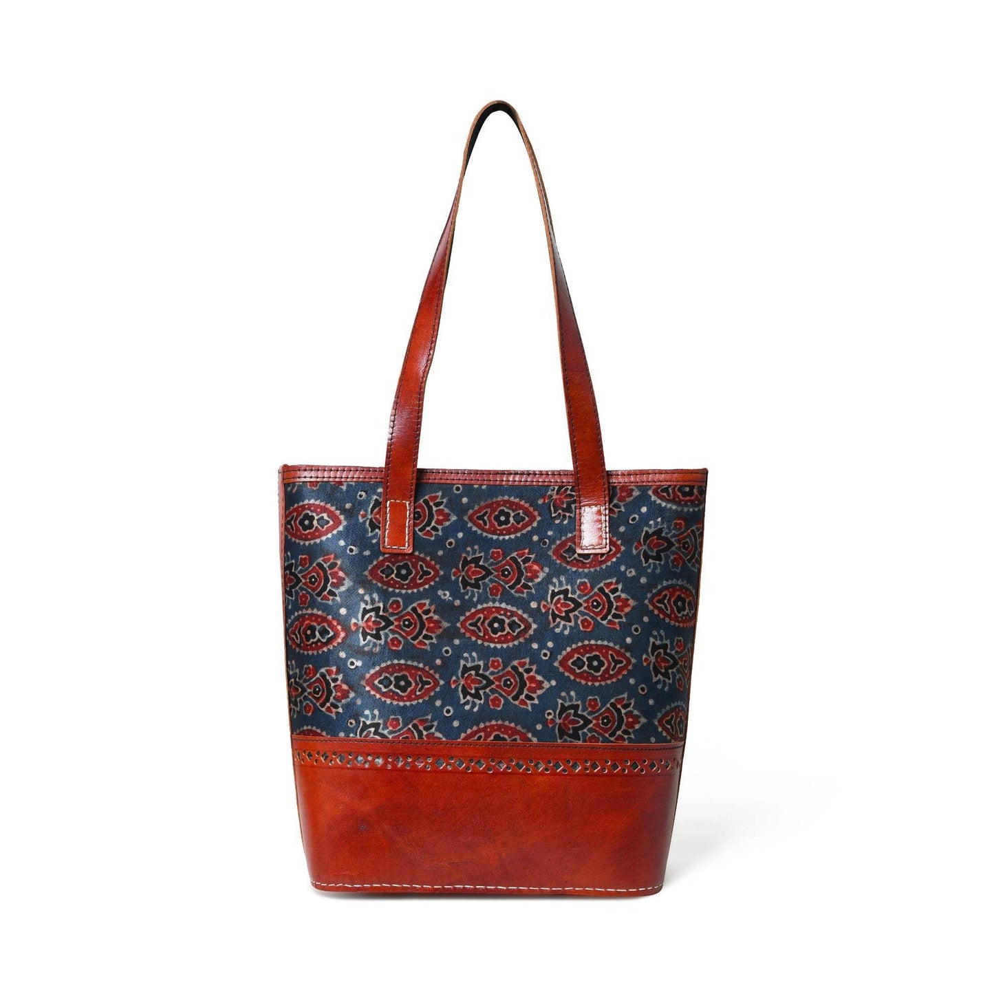 Neela Ajrakh Leather Tote Bag - Classy Leather Bags - Flyclothing LLC
