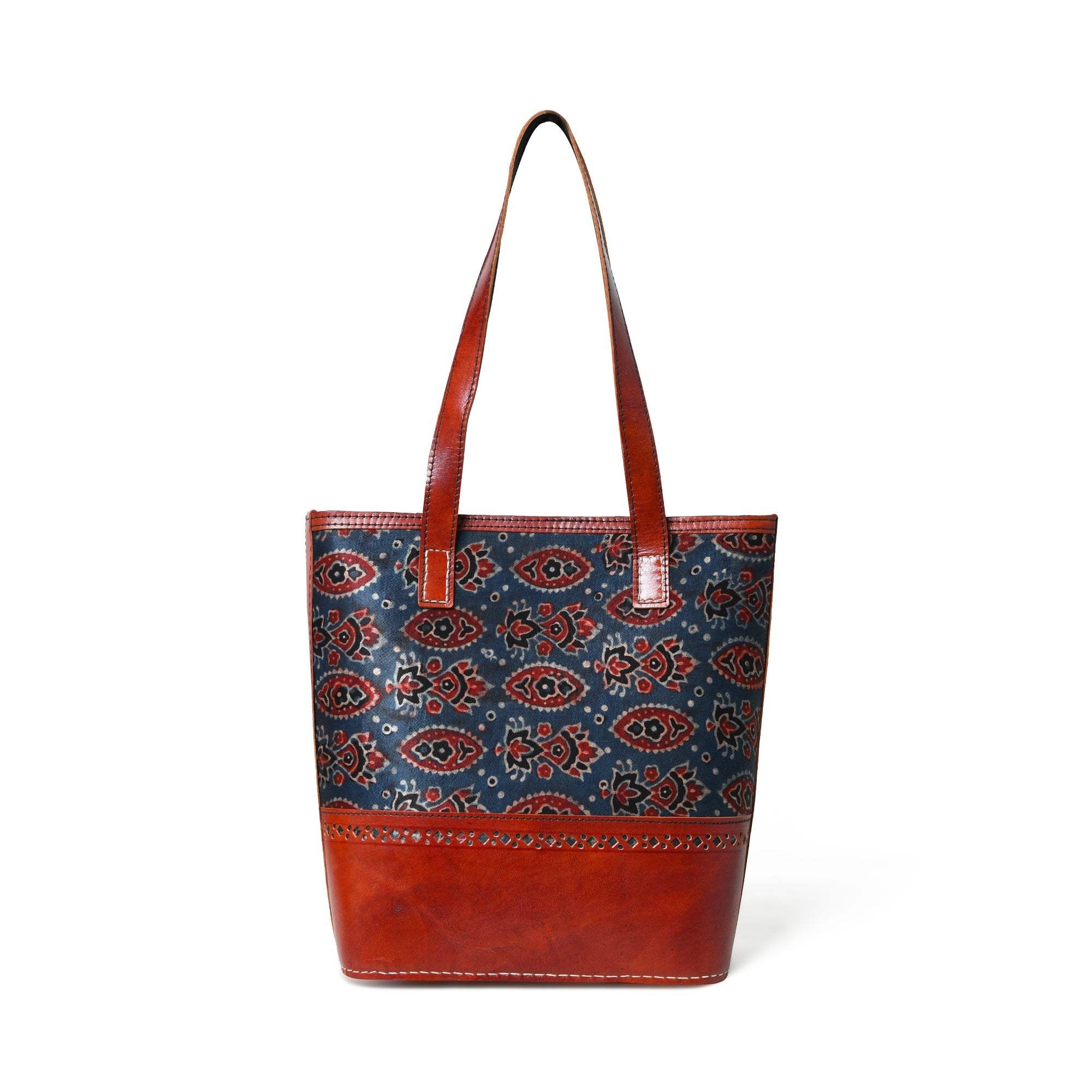 Neela Ajrakh Leather Tote Bag - Classy Leather Bags - Flyclothing LLC