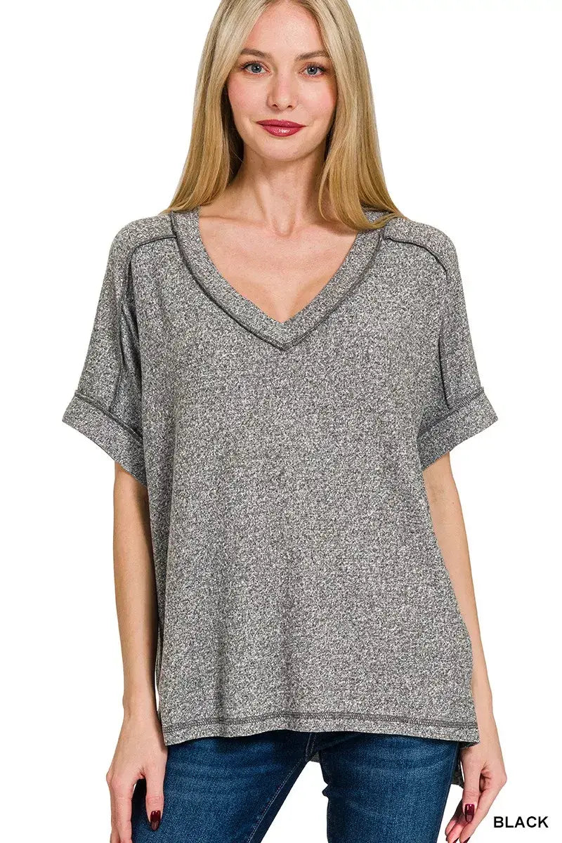 Zenana Full Size Soft Melange Hacci V-Neck Short Sleeve Hi-low Tee Plus Size - Trendsi - Flyclothing LLC
