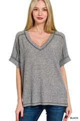 Zenana Full Size Soft Melange Hacci V-Neck Short Sleeve Hi-low Tee Plus Size - Trendsi - Flyclothing LLC