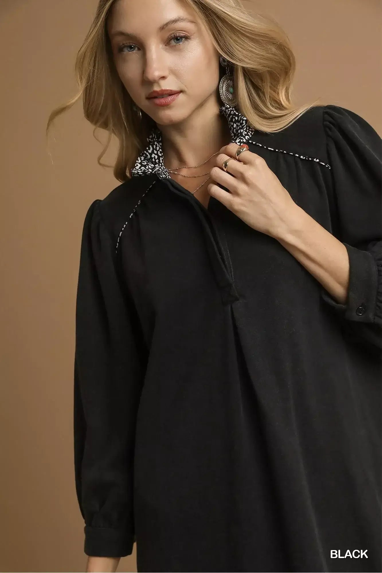 Umgee French Terry Balloon Sleeve Shift Dress with Leopard Print Detail - Trendsi - Flyclothing LLC