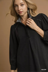 Umgee French Terry Balloon Sleeve Shift Dress with Leopard Print Detail - Trendsi - Flyclothing LLC