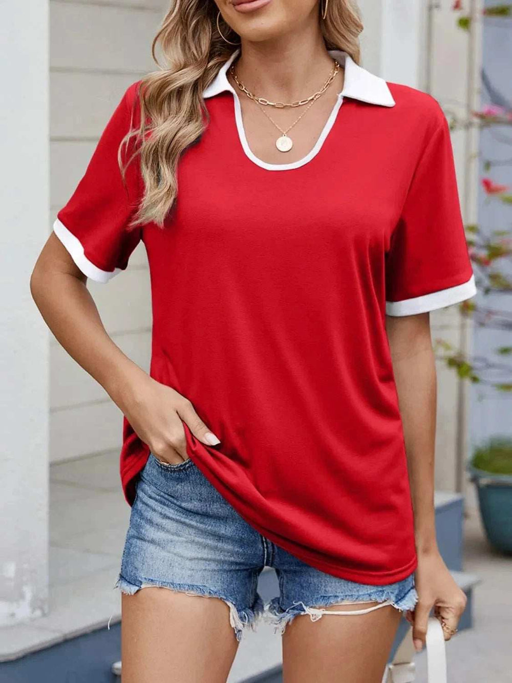 Contrast Trim Collar Short Sleeve Casual T-Shirt - Trendsi - Flyclothing LLC