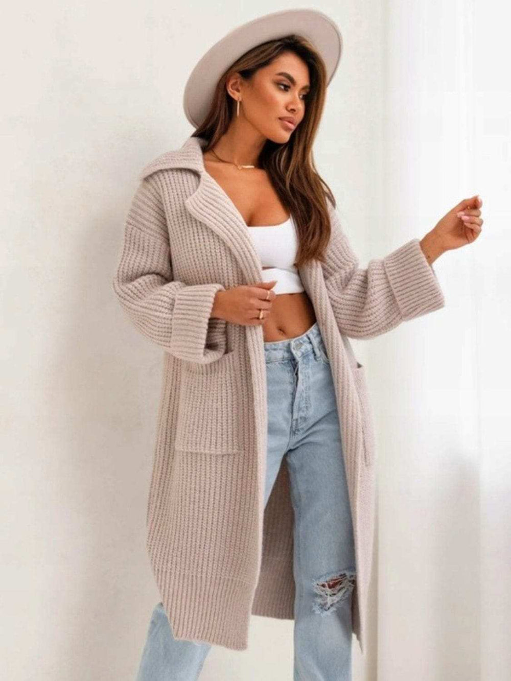 Pocketed Collared Neck Dropped Shoulder Cardigan - Trendsi - Flyclothing LLC