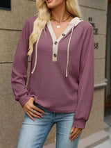 Waffle Knit Henley Hoodie with Contrast Trim - Trendsi - Flyclothing LLC