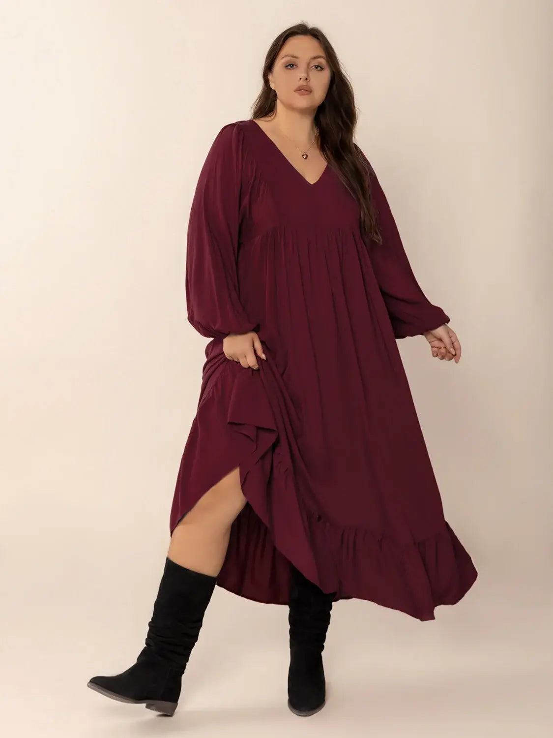 Plus Size Ruffled Hem V-Neck Balloon Sleeve Dress - Trendsi - Flyclothing LLC