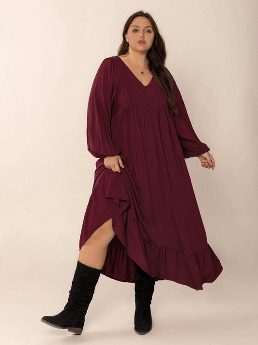 Plus Size Ruffled Hem V-Neck Balloon Sleeve Dress - Trendsi - Flyclothing LLC