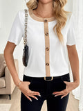 Decor Button Round Neck Short Sleeve Blouse - Trendsi - Flyclothing LLC