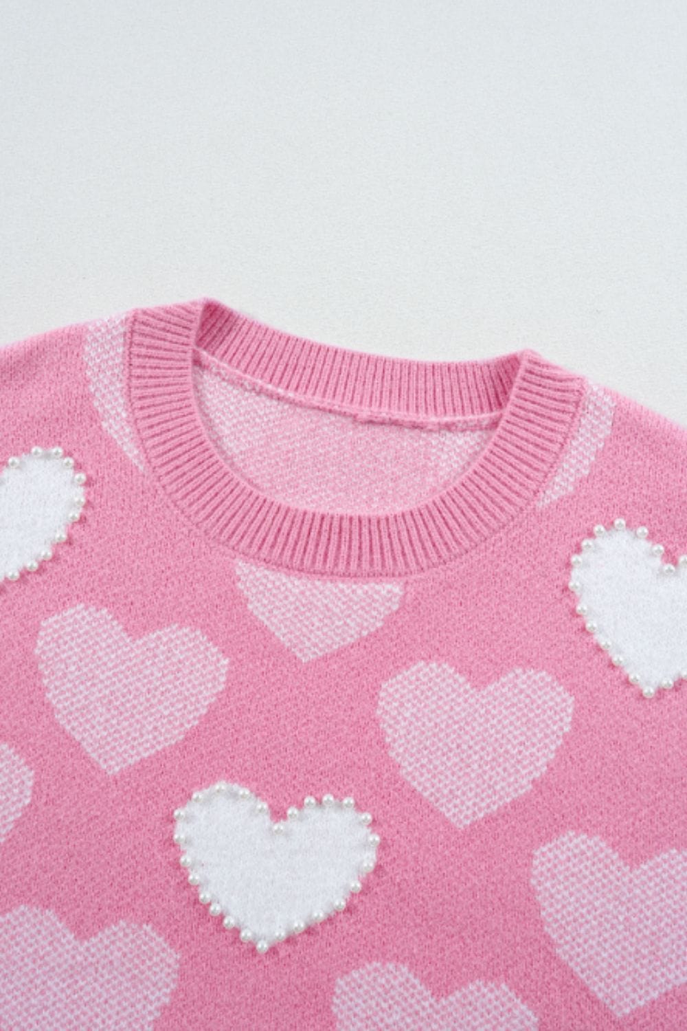 Pearl Trim Heart Round Neck Long Sleeve Sweater - Trendsi