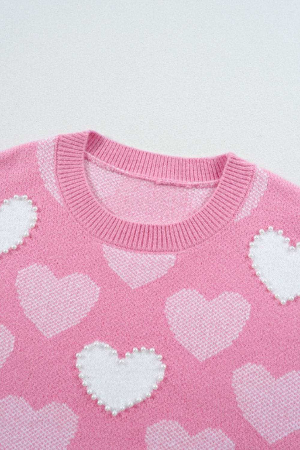 Pearl Trim Heart Round Neck Long Sleeve Sweater - Trendsi - Flyclothing LLC