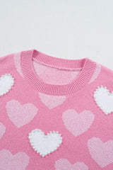 Pearl Trim Heart Round Neck Long Sleeve Sweater - Trendsi