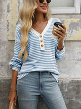 Striped Button Detail Long Sleeve T-Shirt - Trendsi - Flyclothing LLC