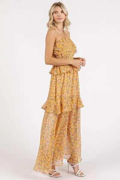 Mittoshop Ruffled Smocked Floral Halter Neck Maxi Dress - Trendsi - Flyclothing LLC