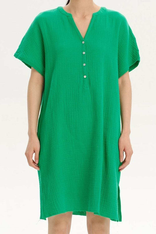 Slit Notched Short Sleeve Mini Dress - Trendsi - Flyclothing LLC