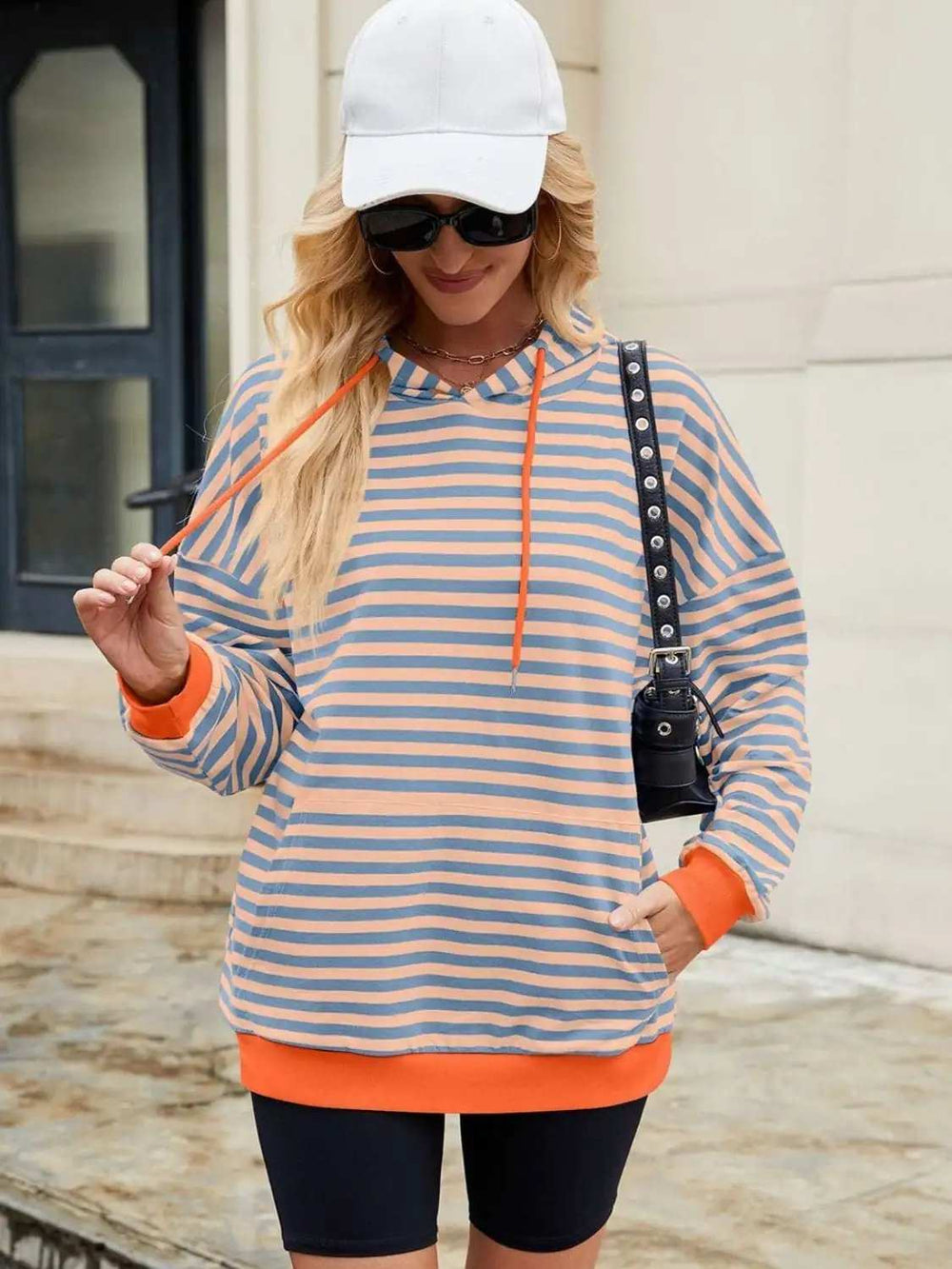 Drawstring Contrast Striped Long Sleeve Hoodie - Trendsi - Flyclothing LLC