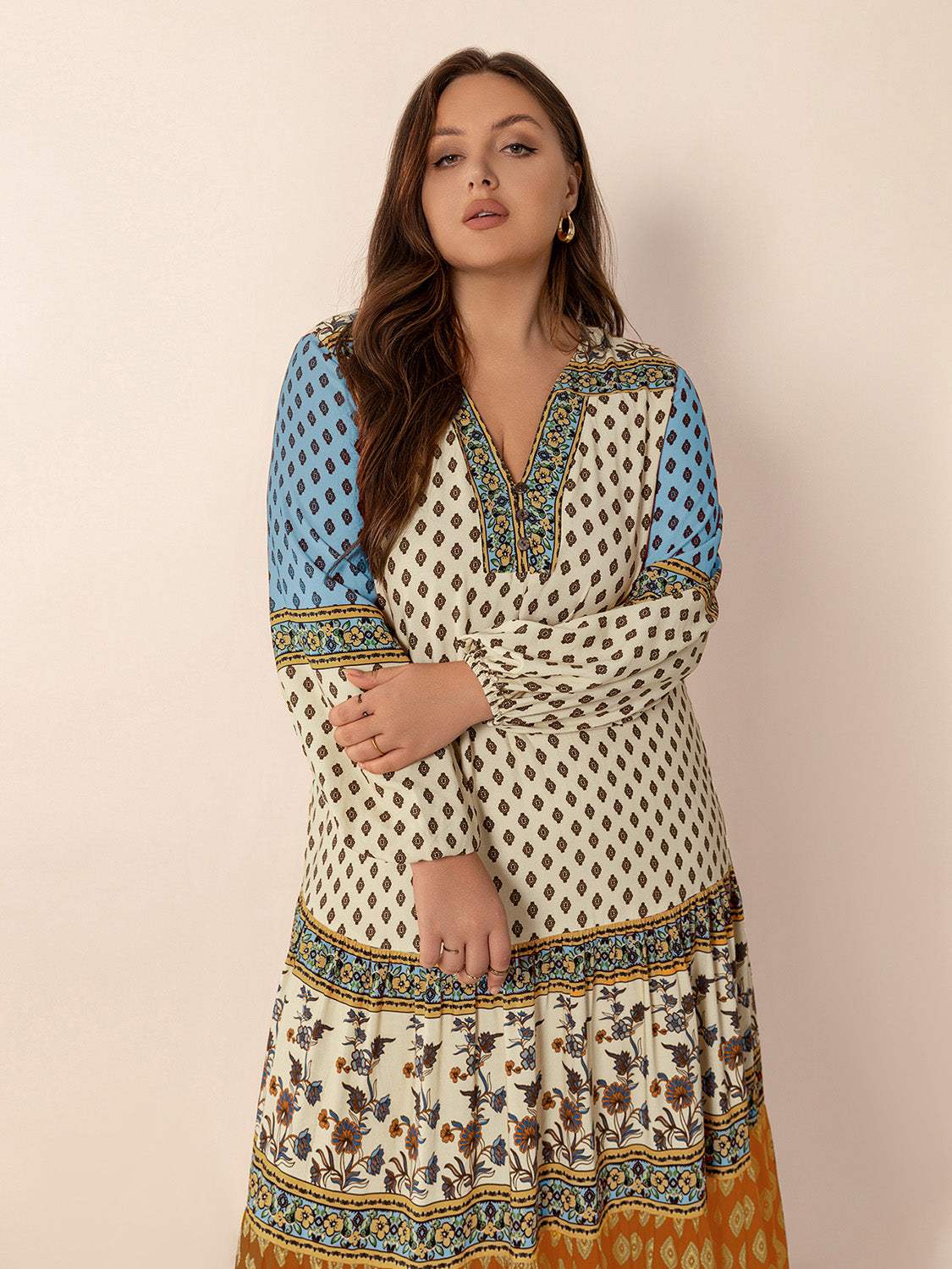 Plus Size Printed V-Neck Balloon Sleeve Maxi Dress - Trendsi - Flyclothing LLC