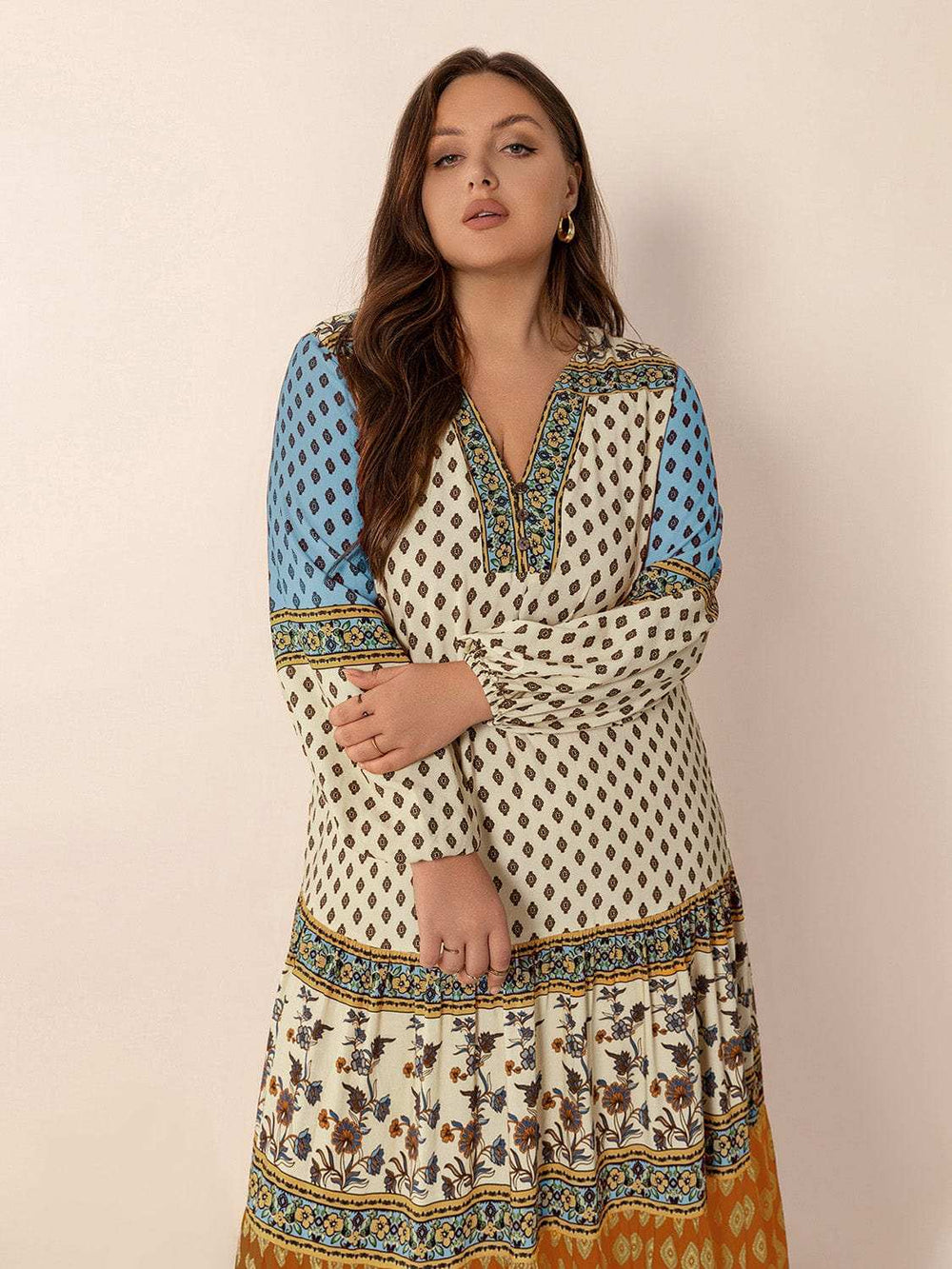 Plus Size Printed V-Neck Balloon Sleeve Maxi Dress - Trendsi - Flyclothing LLC