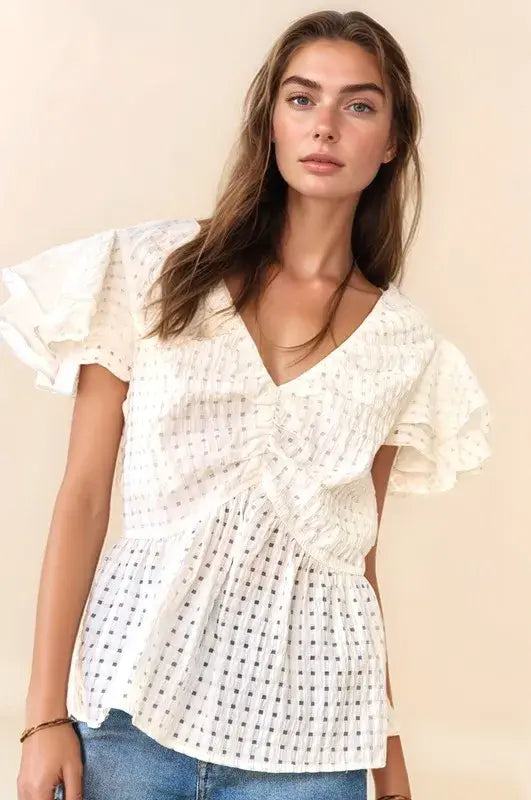 Davi & Dani Shirring V-Neck Ruffle Gingham Plaid Printed Top - Trendsi - Flyclothing LLC