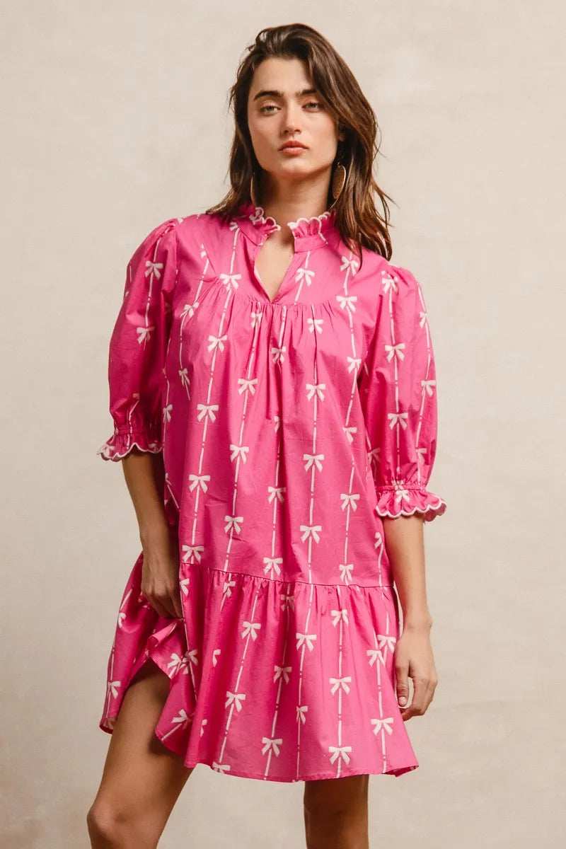 BiBi Ribbon Patterns With Scallops Edge Details Short Sleeve Dress - Trendsi - Flyclothing LLC