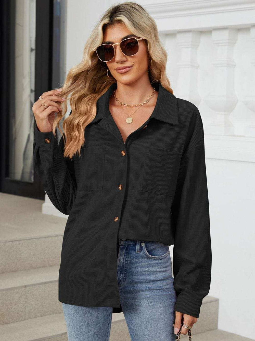 Button Up Dropped Shoulder Long Sleeve Outerwear - Trendsi - Flyclothing LLC