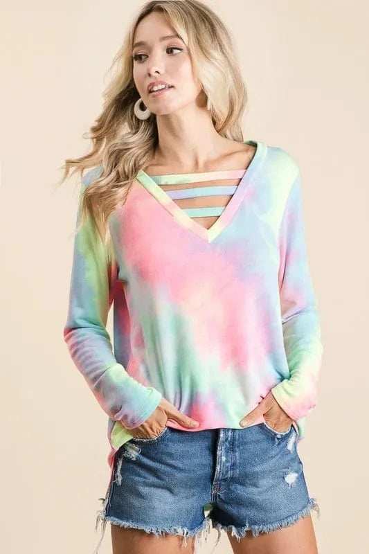 BiBi Tie Dye French Terry V-Neck Top with Strapped - Trendsi - Flyclothing LLC