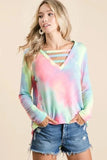 BiBi Tie Dye French Terry V-Neck Top with Strapped - Trendsi