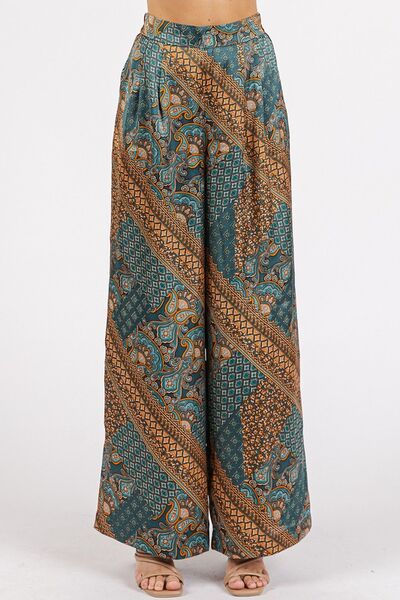 Mittoshop Paisley Patchwork Print Satin Wide Leg Pants - Trendsi
