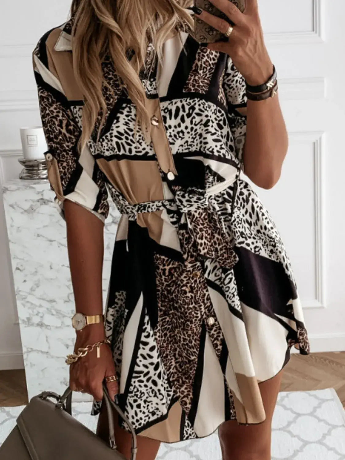 Printed Tie Waist Roll-Tab Sleeve Mini Dress - Trendsi - Flyclothing LLC