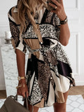 Printed Tie Waist Roll-Tab Sleeve Mini Dress - Trendsi