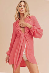 Aemi + Co Tied Collared Neck Long Sleeve Top - Trendsi - Flyclothing LLC