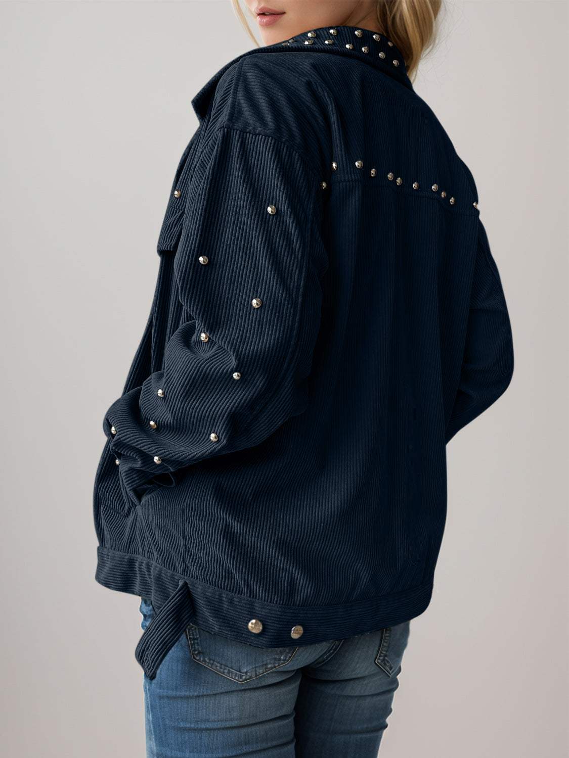 Studded Collared Neck Button Up Jacket - Trendsi - Flyclothing LLC
