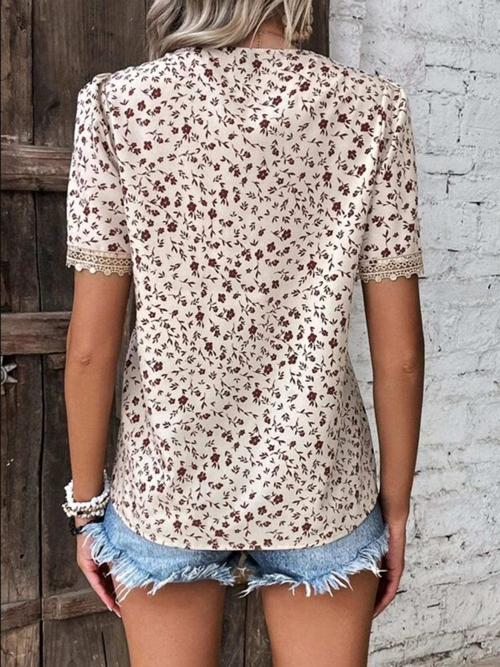 Full Size Printed V-Neck Short Sleeve Blouse - Trendsi - Flyclothing LLC