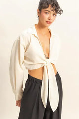 HYFVE Washed Tie Front Crop Top - Trendsi - Flyclothing LLC