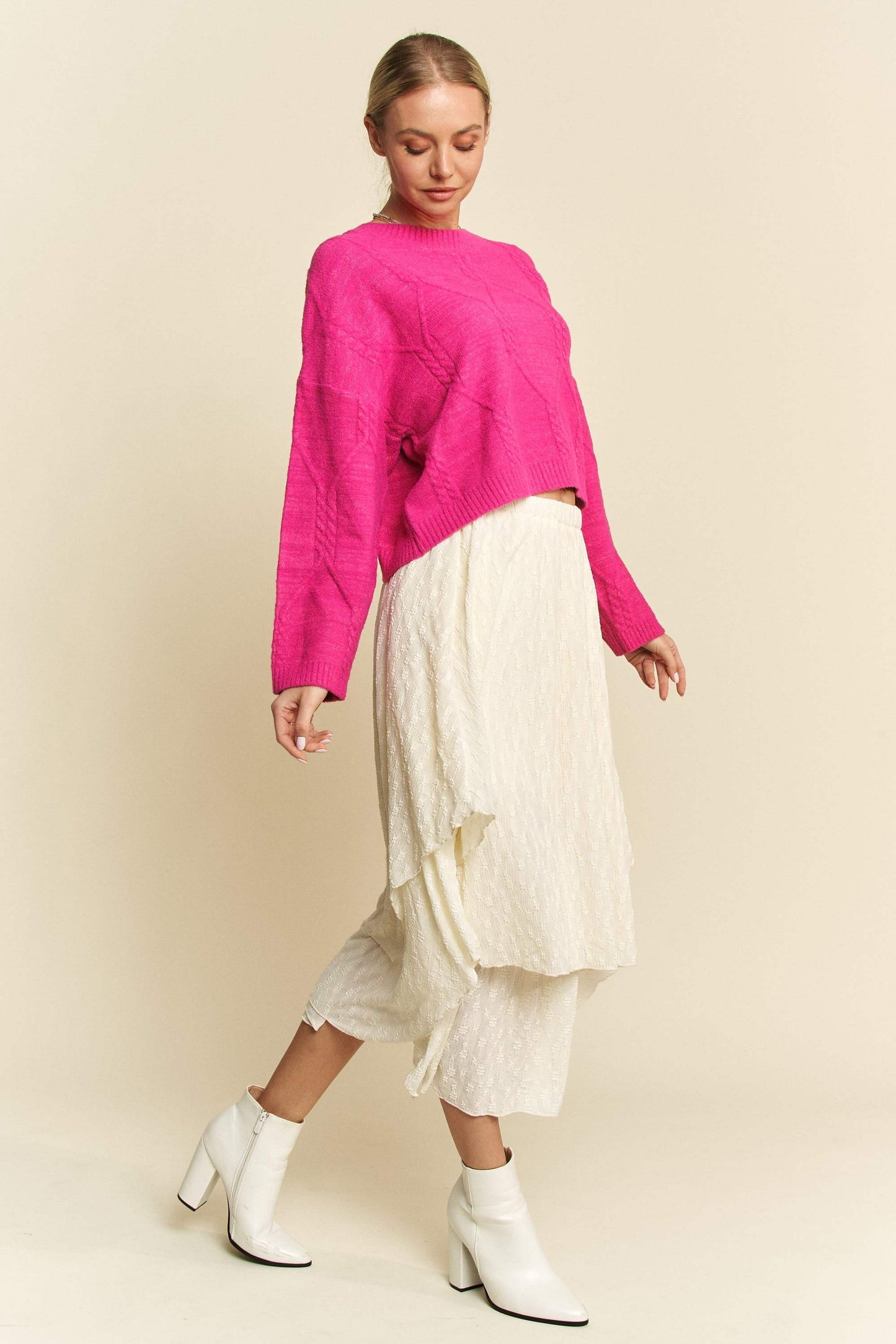 Davi & Dani Diamond Cable Pattern Drop Shoulder Sweater - Trendsi - Flyclothing LLC
